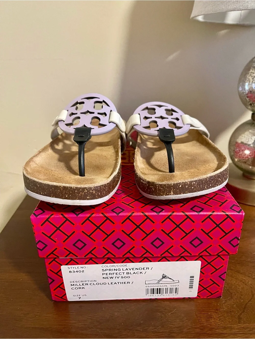 Tory Burch Miller Cloud Lavender White & Black Logo Sandals - Size 7 - Picture 5 of 6